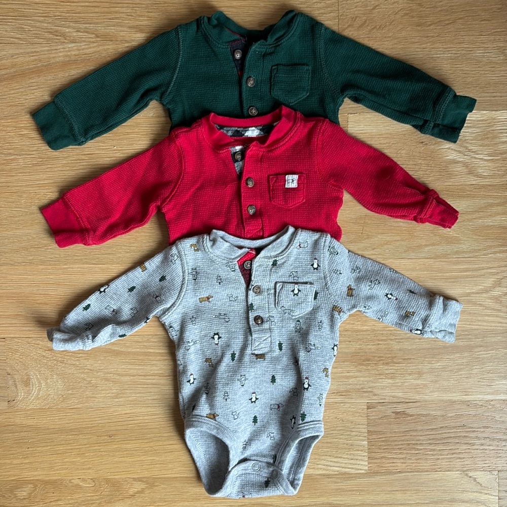 CARTERS | SET OF 3, WAFFLE HENLEY ONESIES